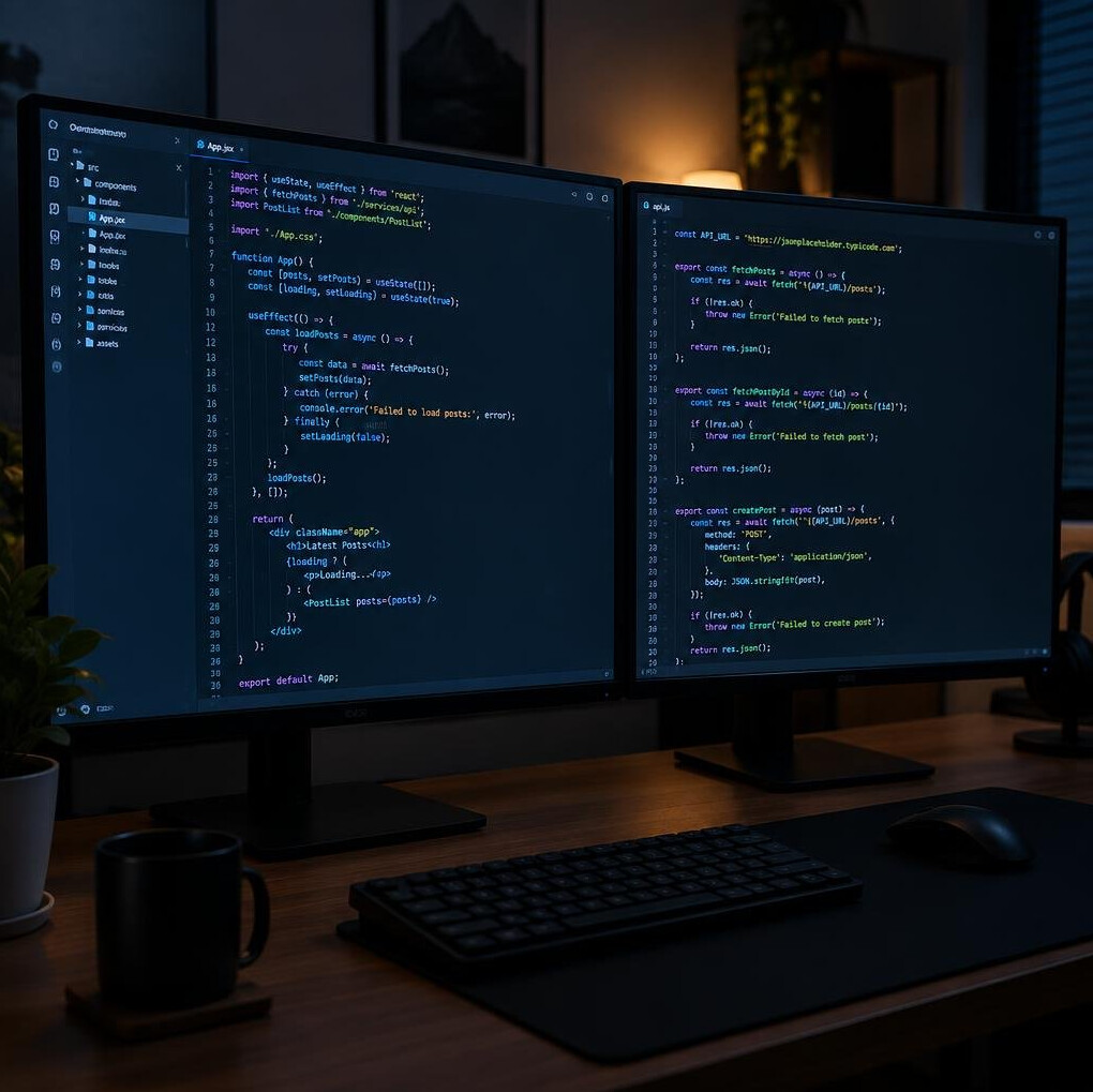 Dual computer monitors displaying lines of source code